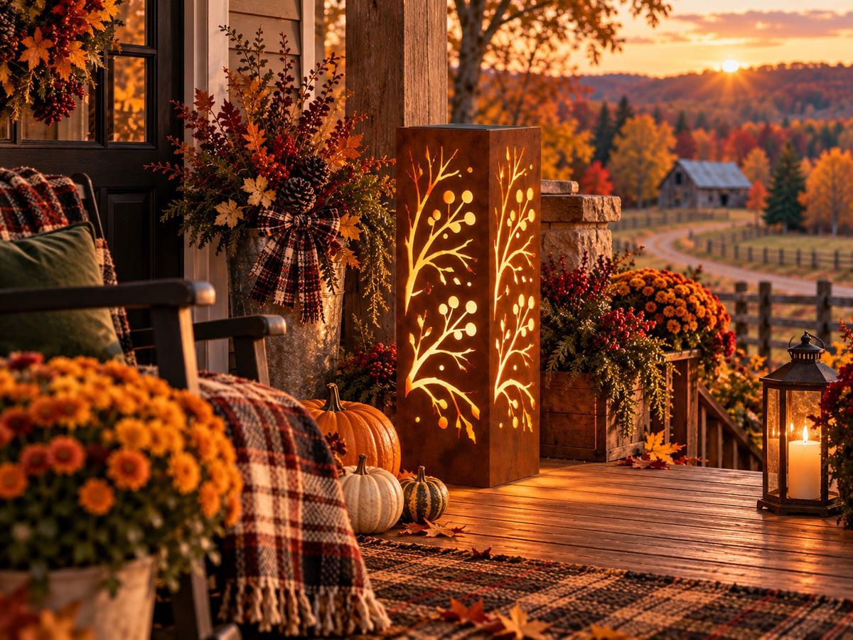 Berry Vine solar luminary on autumn porch with pumpkins and berry arrangements