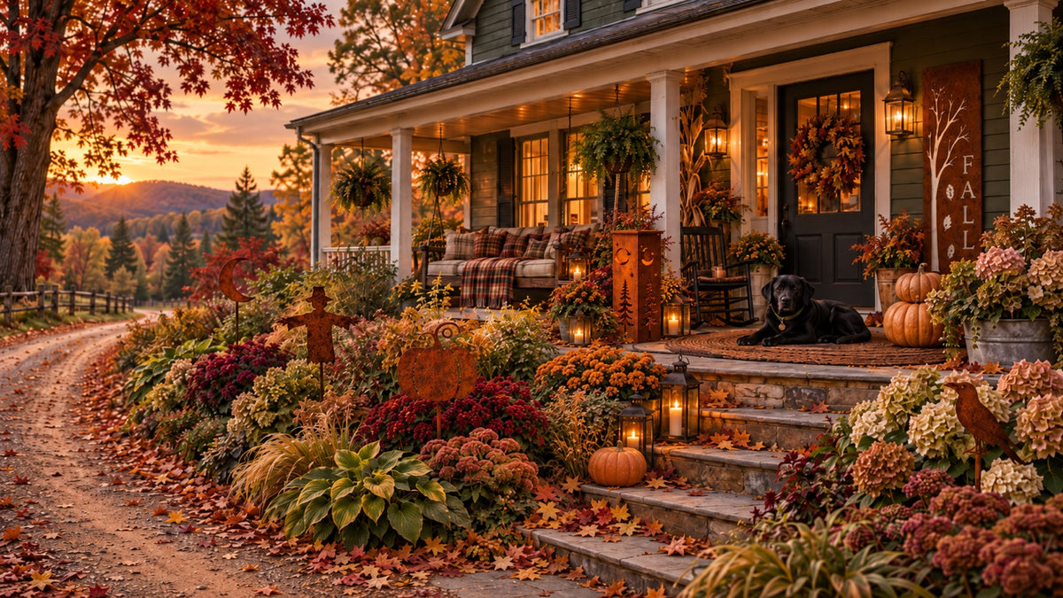 Autumn porch with handcrafted steel garden art, pumpkins and golden flowers beside a dirt road.