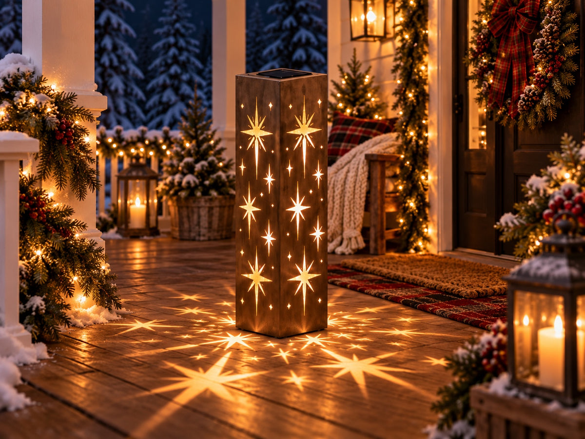 Angled view of Starry Night steel luminary with four identical celestial panels