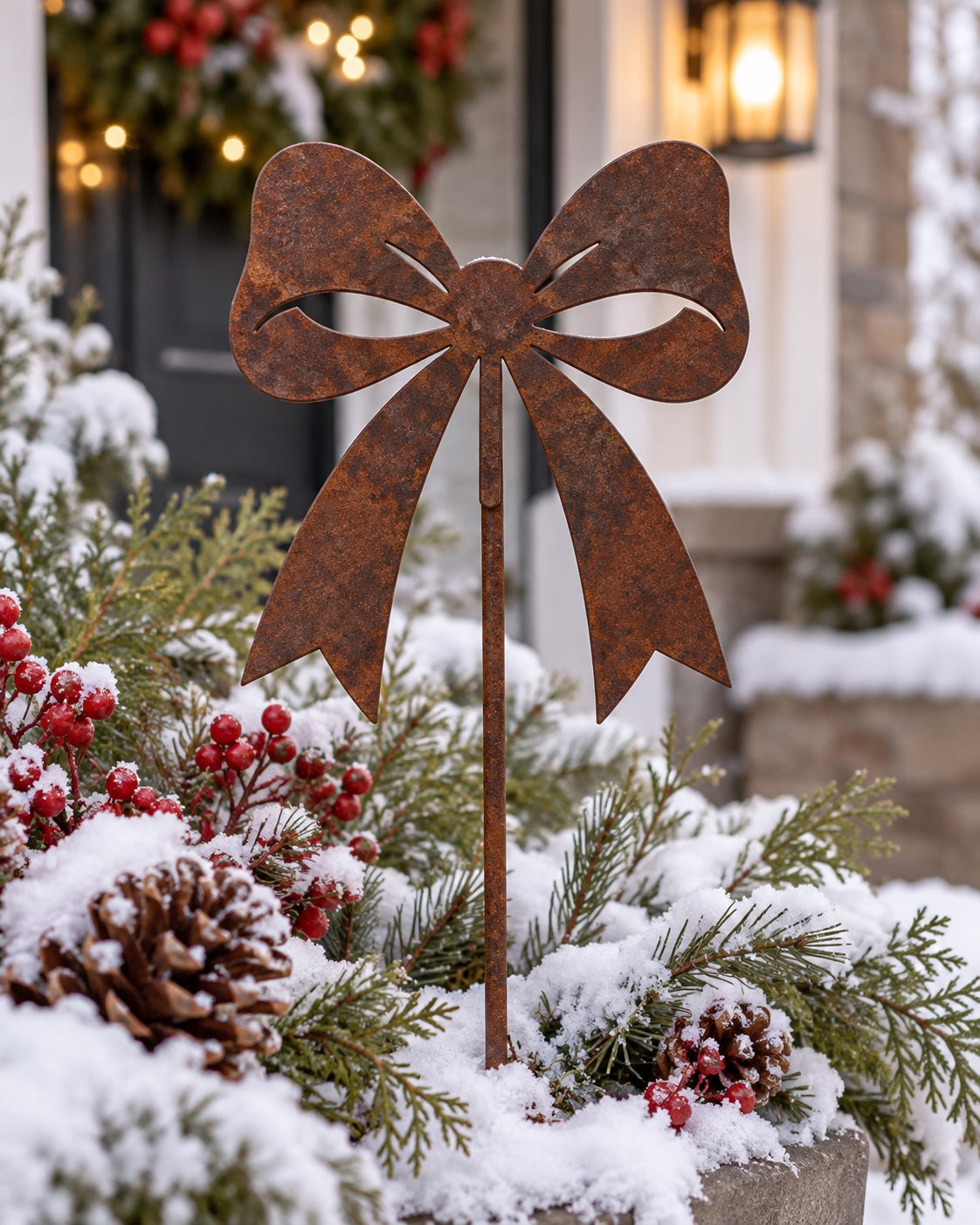 Rusted steel Christmas ribbon bow garden stake with open loop details and long notched tails, styled among snowy evergreens, pinecones, and red berries beside a winter porch.