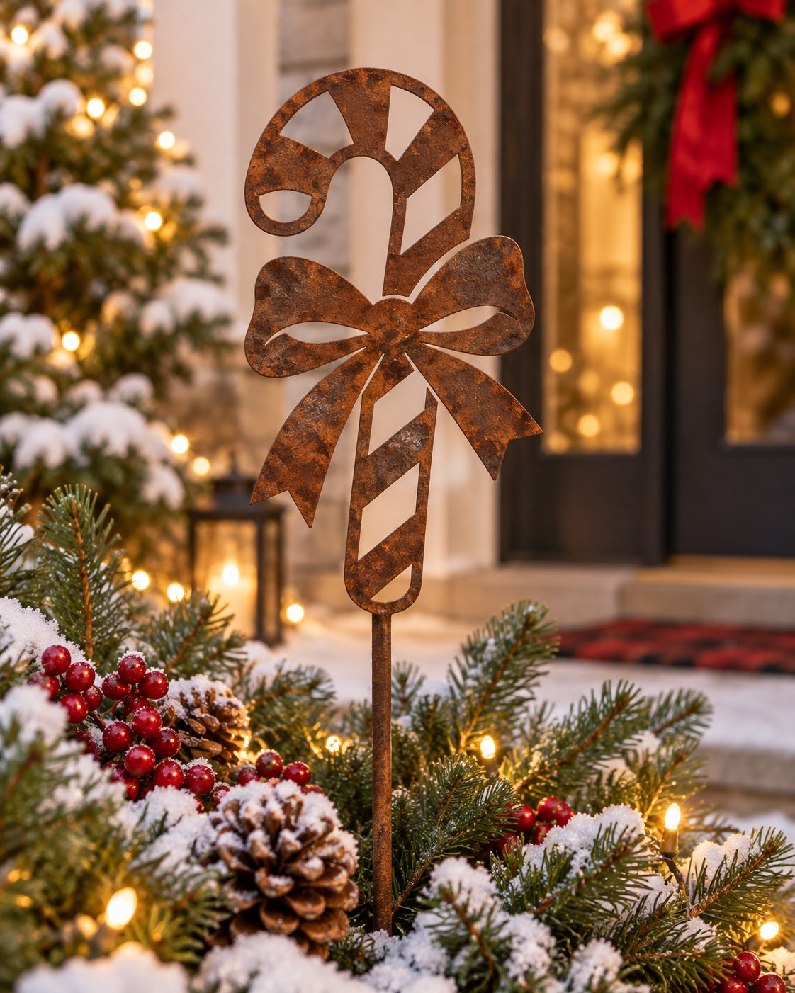 Rusted steel candy cane garden stake with diagonal stripe cutouts and a large bow, styled among snowy evergreens, pinecones, and red berries on a Christmas porch.