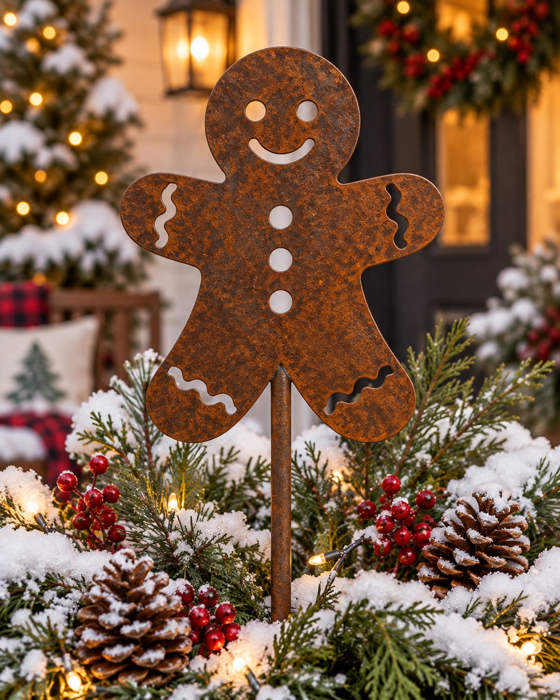 Rusted steel gingerbread man garden stake with a smiling face, three button cutouts, and wavy icing-style openings, displayed among snowy evergreens and pinecones on a Christmas porch.
