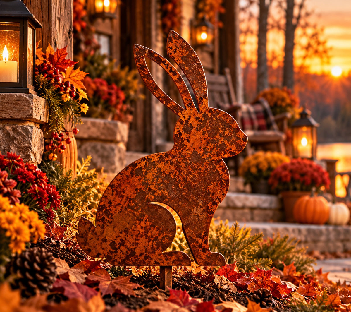 Rusted Woodland Rabbit Metal Garden Stake with upright ears and open ear and haunch details, styled among autumn leaves beside a cabin porch.