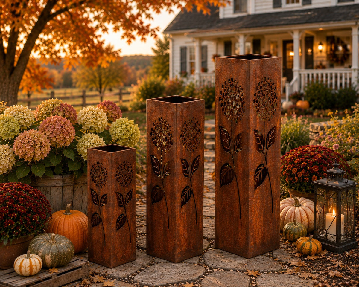 18 24 and 32 inch Hydrangea rustic steel garden column trio