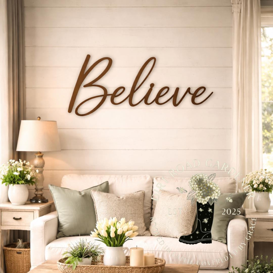 BELIEVE Script Metal Word Sign | Farmhouse Country Cottage Wall Decor