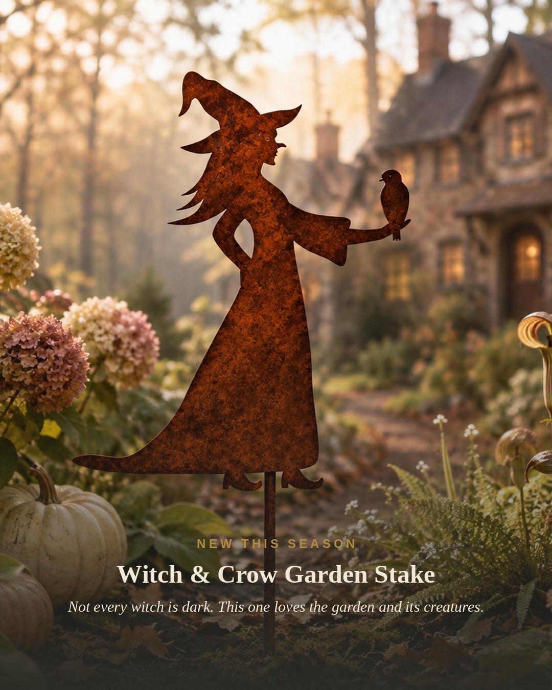 Witch & Crow Garden Stake | Halloween Garden Decor | Witchy Outdoor Decor | Gothic Garden Art | Mystical Yard Decor | Metal Witch Stake