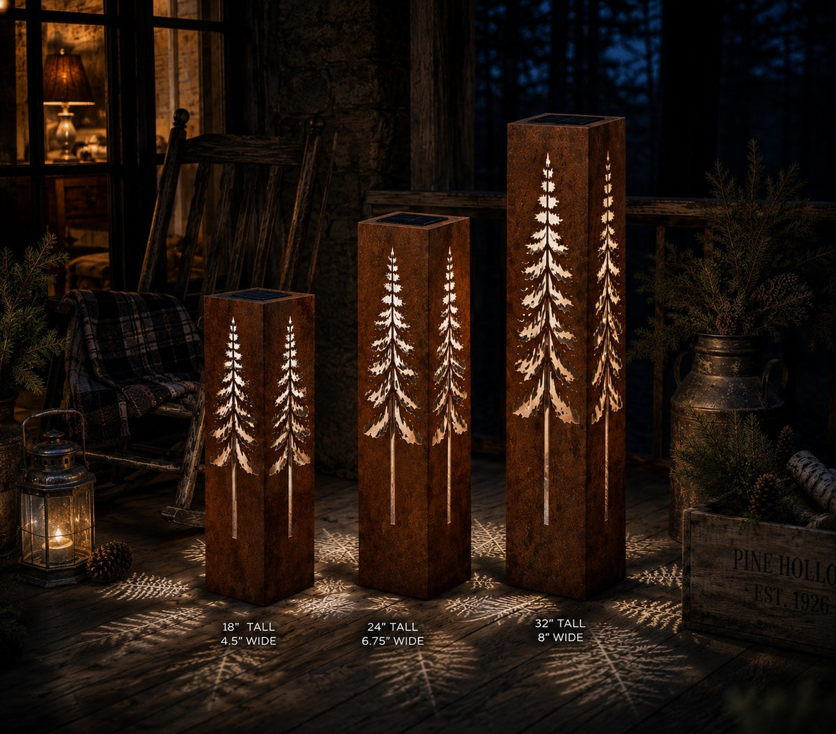 Pine Tree Luminary Set glowing in a rustic woodland setting