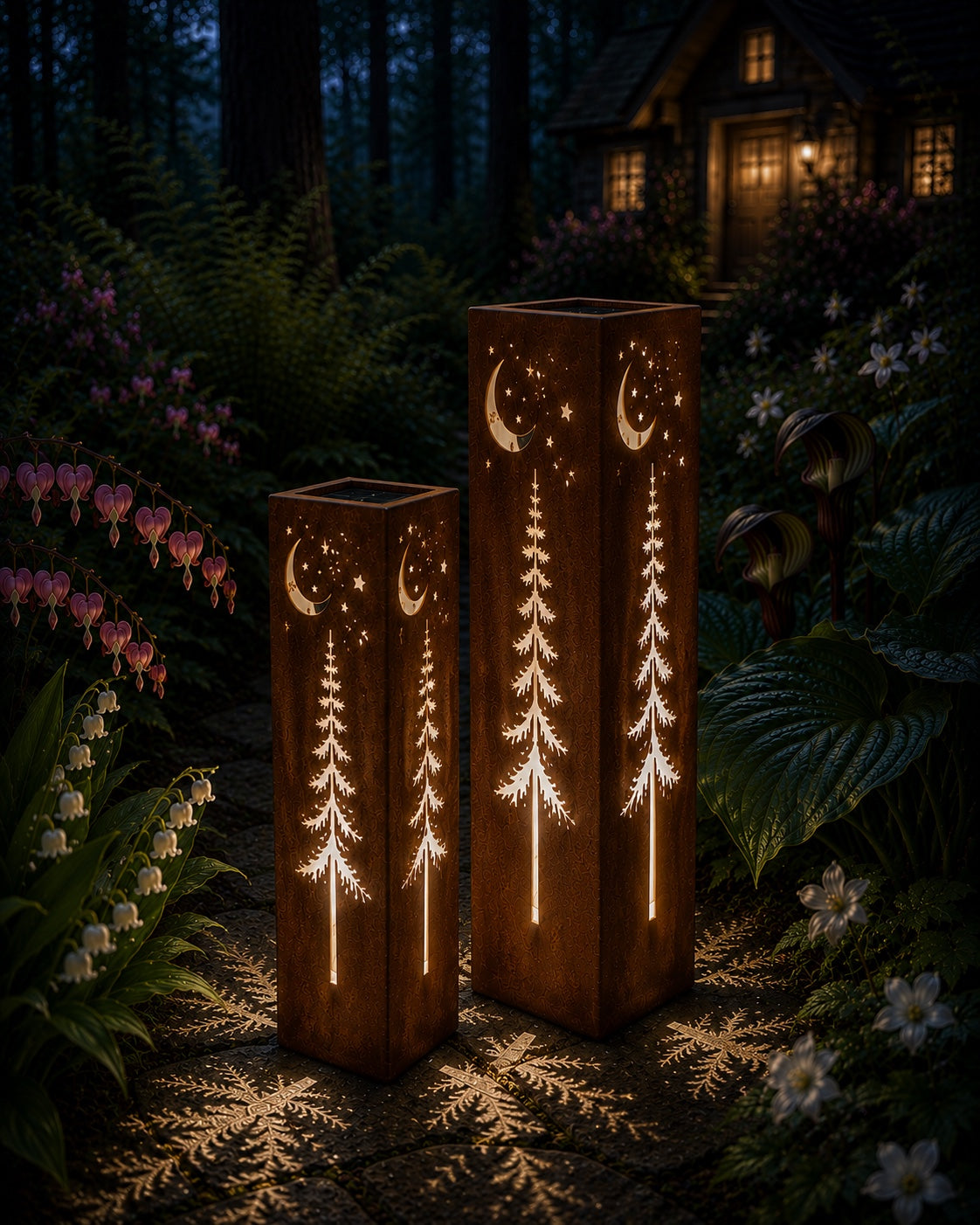 Woodland Moon & Stars Luminary Set glowing in a woodland cottage garden