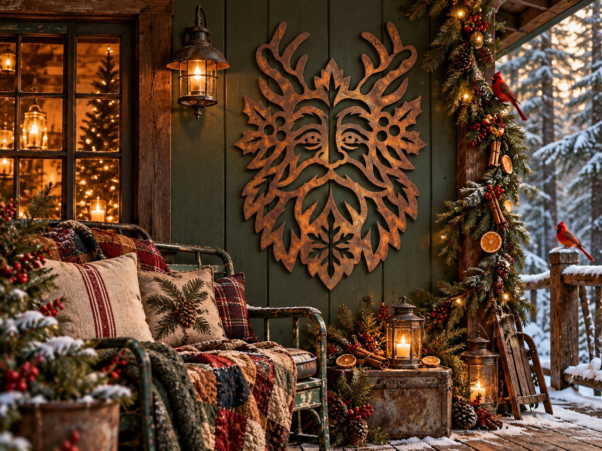 Yuletide Keeper winter spirit face with antlers, holly and a snowflake beard in Signature Rusted steel on an olive green winter porch wall