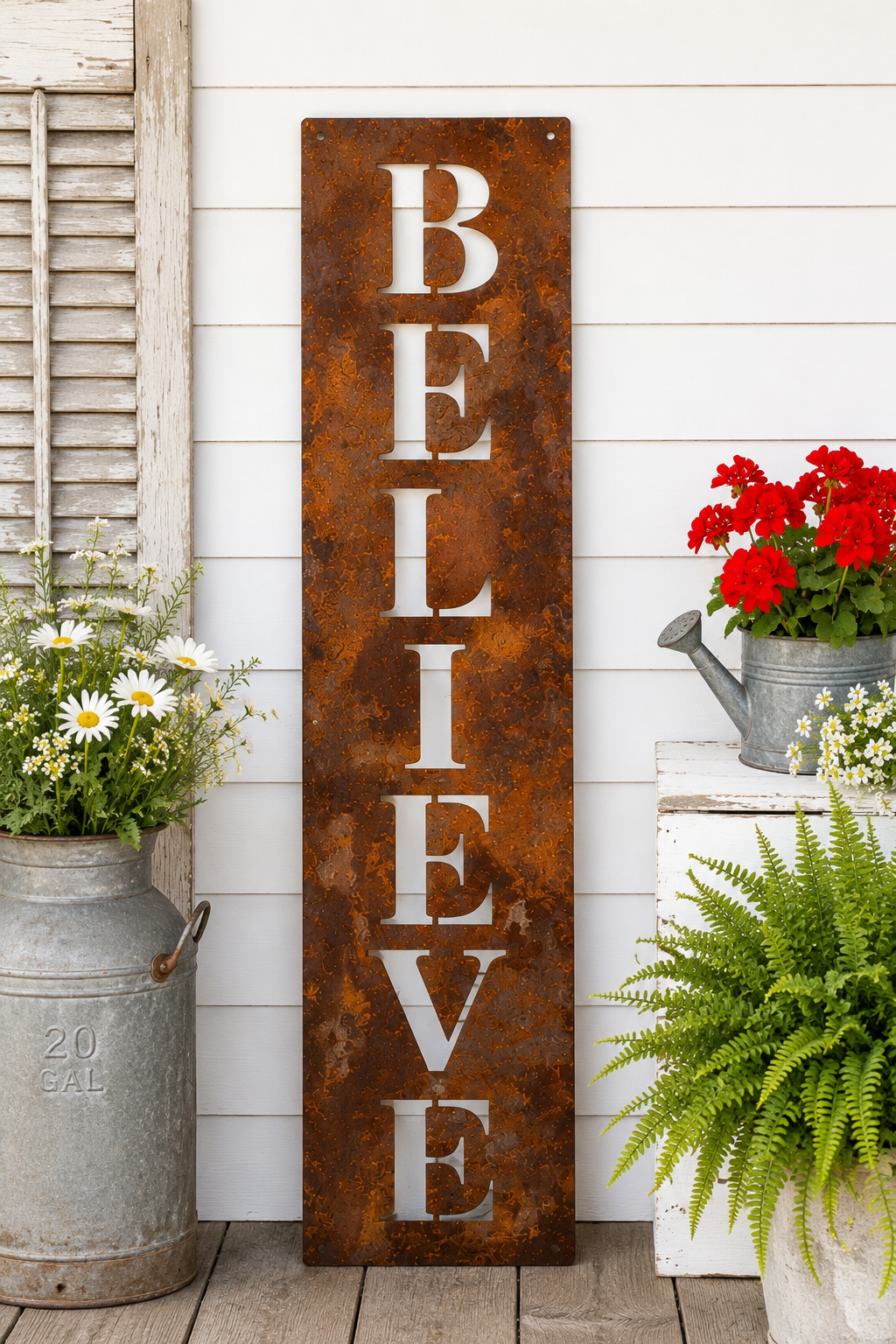 BELIEVE Porch Leaner Sign | 48" Rusted Steel Farmhouse Vertical Sign | Handmade Faith-Inspired Porch Decor