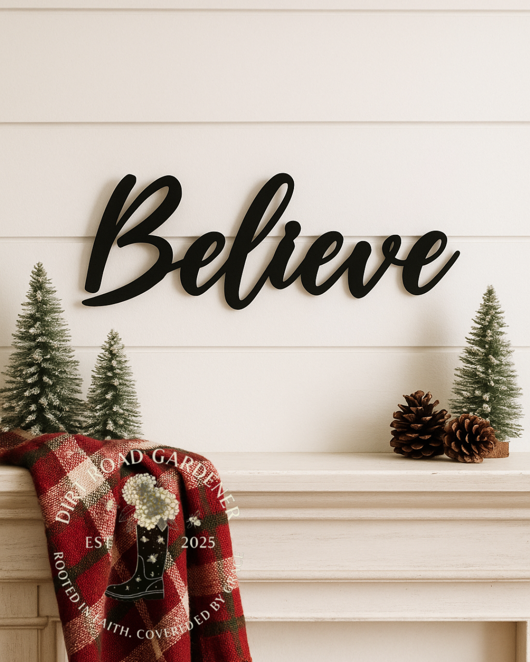 BELIEVE Metal Word Sign | Farmhouse Christmas Wall Decor | Holiday Decorations
