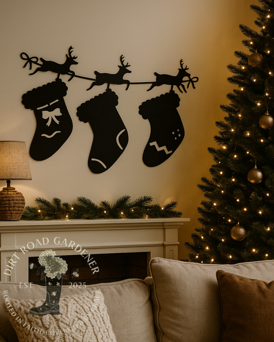 Reindeer and Stockings Metal Silhouette | Rustic Christmas Wall Art | Farmhouse Holiday Decor