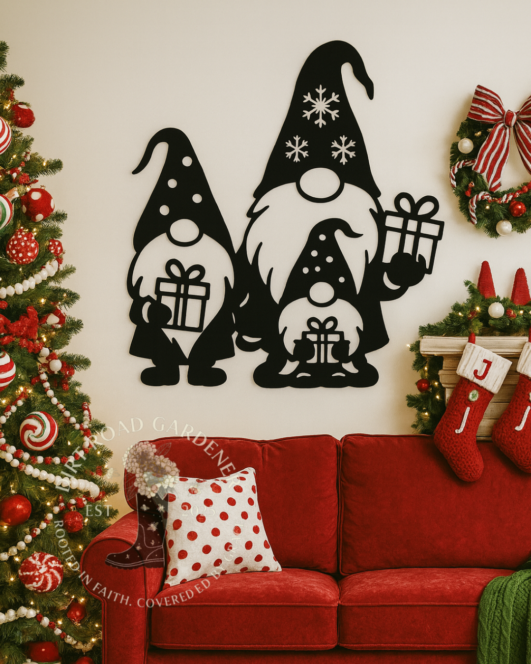 Christmas Gnome Trio Metal Silhouette | Farmhouse Holiday Wall Art | Rustic Steel Christmas Decor