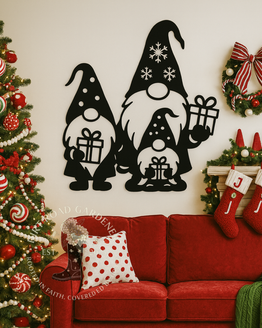 Christmas Gnome Trio Metal Silhouette | Farmhouse Holiday Wall Art | Rustic Steel Christmas Decor