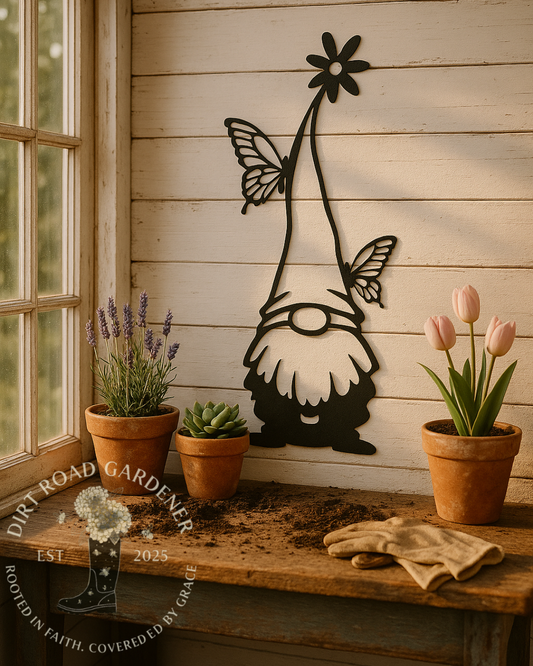 Butterfly Gnome Metal Silhouette | Rustic Garden Wall Art | Farmhouse Outdoor Steel Decor