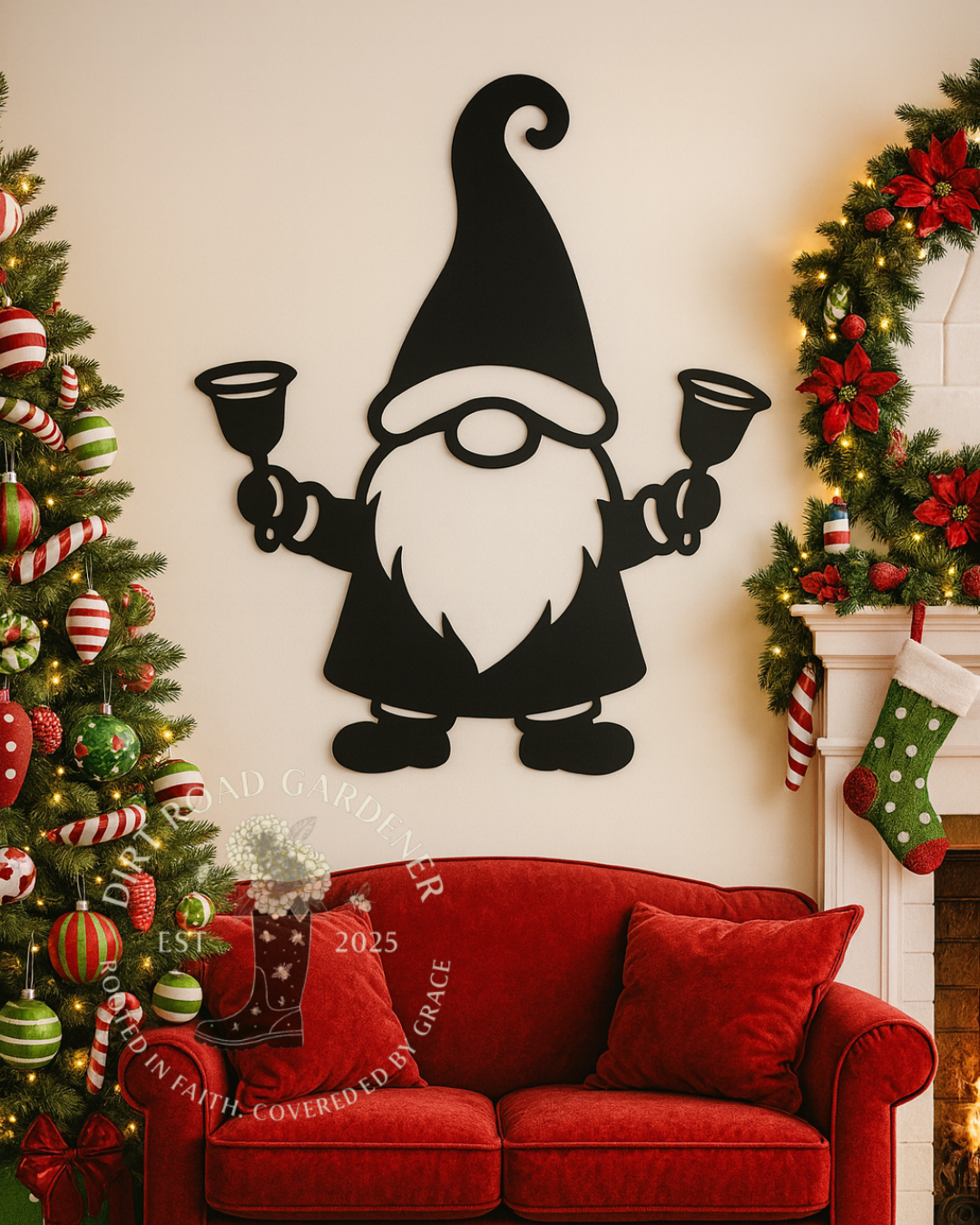 Christmas Gnome With Bells Metal Silhouette | Rustic Holiday Wall Art | Farmhouse Christmas Steel Decor