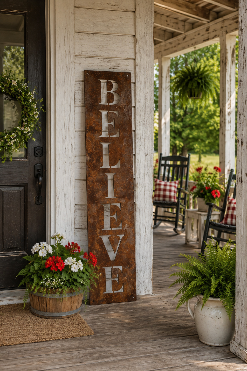 BELIEVE Porch Leaner Sign | 48" Rusted Steel Farmhouse Vertical Sign | Handmade Faith-Inspired Porch Decor