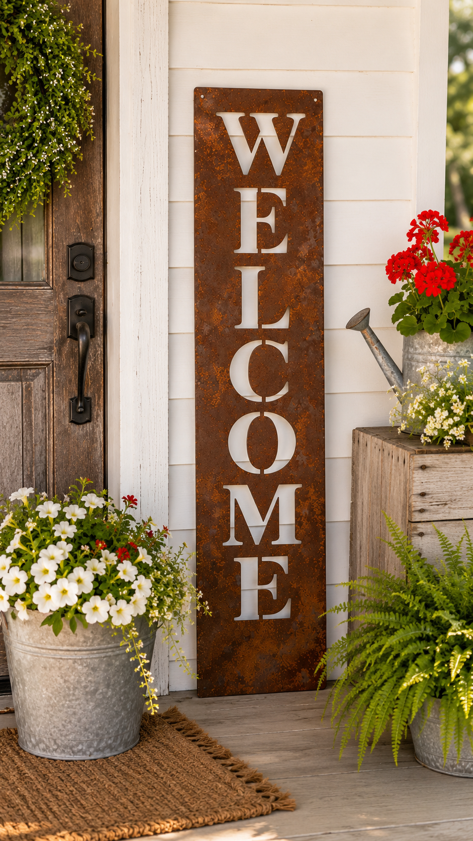 WELCOME Porch Leaner Sign | 48" Rusted Steel Farmhouse Cottage Vertical Sign | Handmade Front Door & Porch Decor