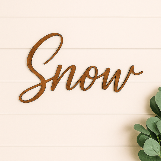 Snow Metal Word Sign | Farmhouse Winter Wall Decor | Rustic Steel Script Sign