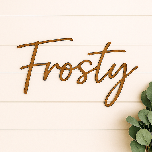 Frosty Metal Word Sign | Winter Farmhouse Wall Decor | Rustic Steel Script Sign