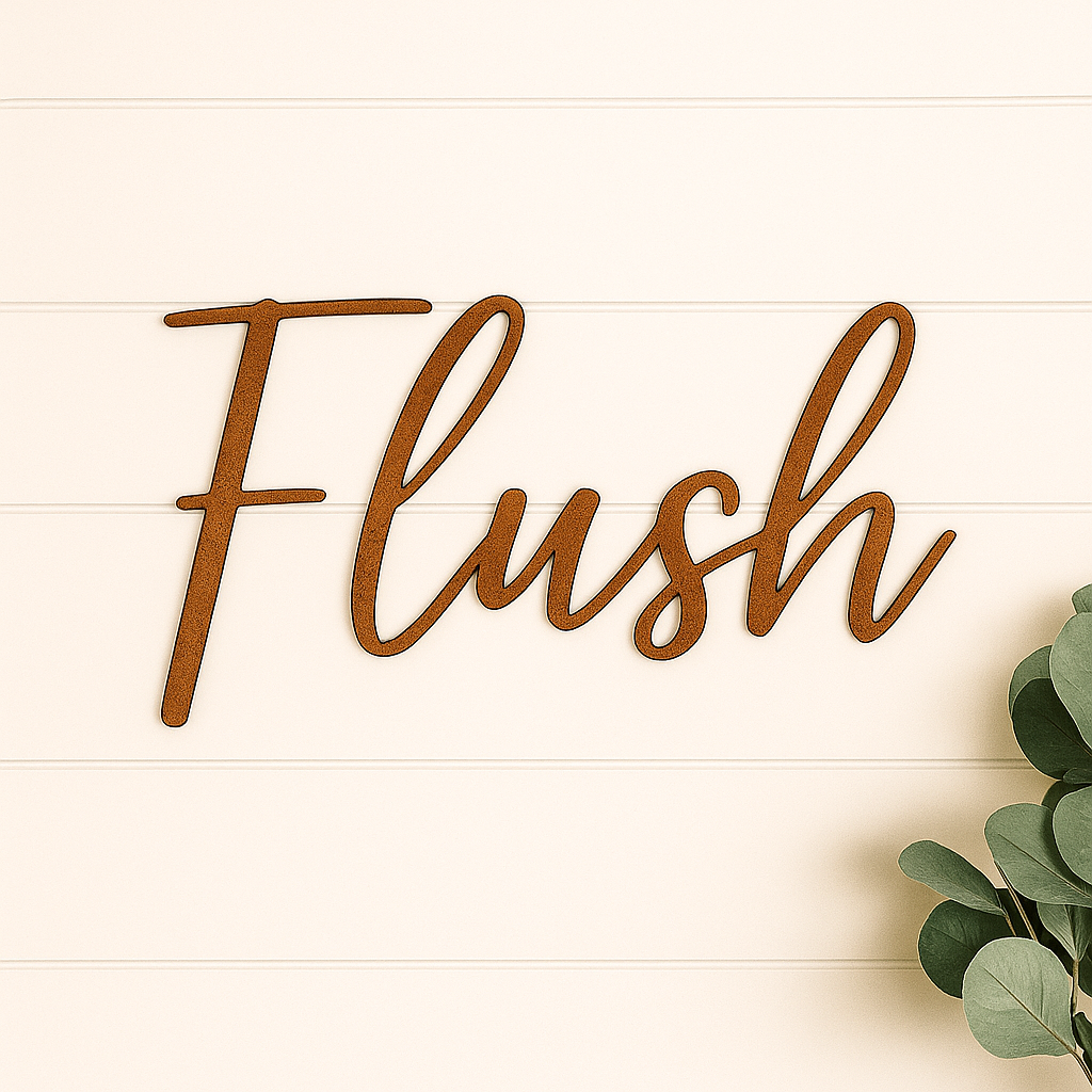 Flush Metal Word Sign | Farmhouse Bathroom Wall Decor | Rustic Steel Script Sign | Funny Bathroom Wall Art