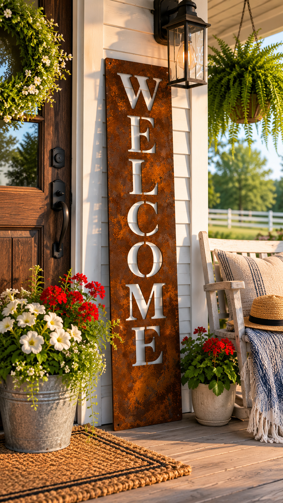 WELCOME Porch Leaner Sign | 48" Rusted Steel Farmhouse Cottage Vertical Sign | Handmade Front Door & Porch Decor