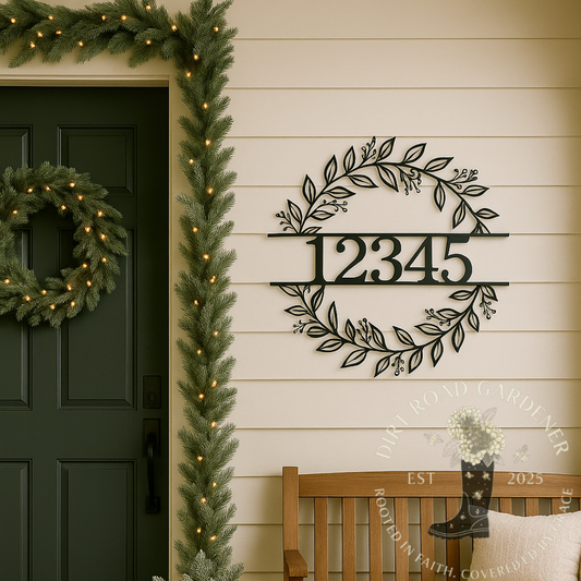 Custom Wreath Address Sign | Metal House Number Plaque | Farmhouse Outdoor Wall Art