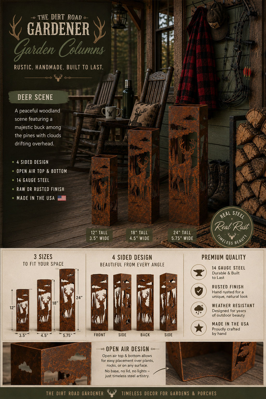 Whitetail Buck Garden Columns – Layered Metal Column Set (12” + 18” + 24”)