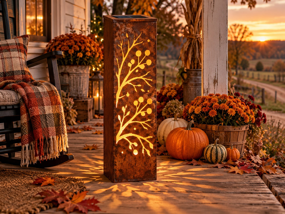 Berry Vine rusted steel solar luminary glowing on a harvest porch at sunset