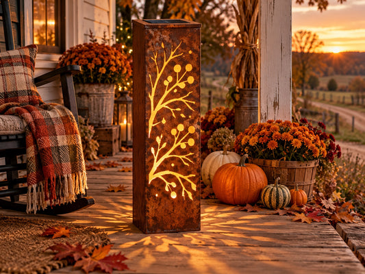 Berry Vine rusted steel solar luminary glowing on a harvest porch at sunset