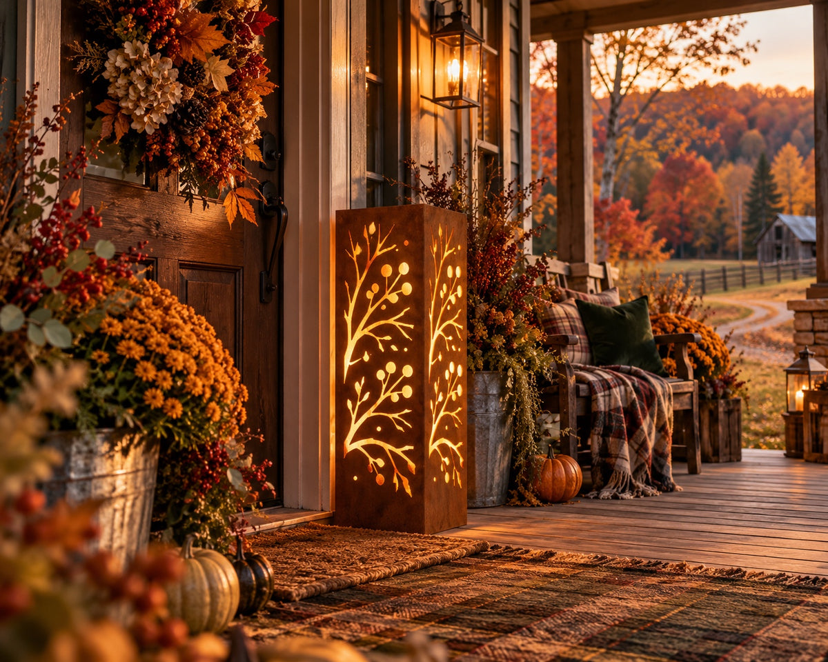 Berry Vine luminary glowing beside fall wreath and flowers at farmhouse entry