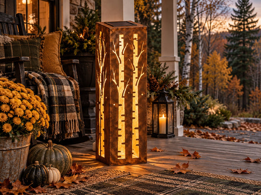 32-inch rusted birch tree solar steel luminary on an autumn woodland porch, view 1
