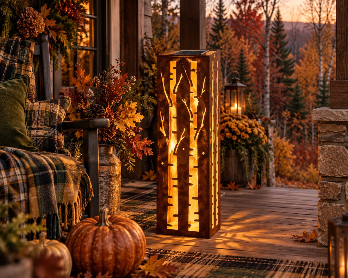 32-inch rusted birch tree solar steel luminary on an autumn woodland porch, view 2