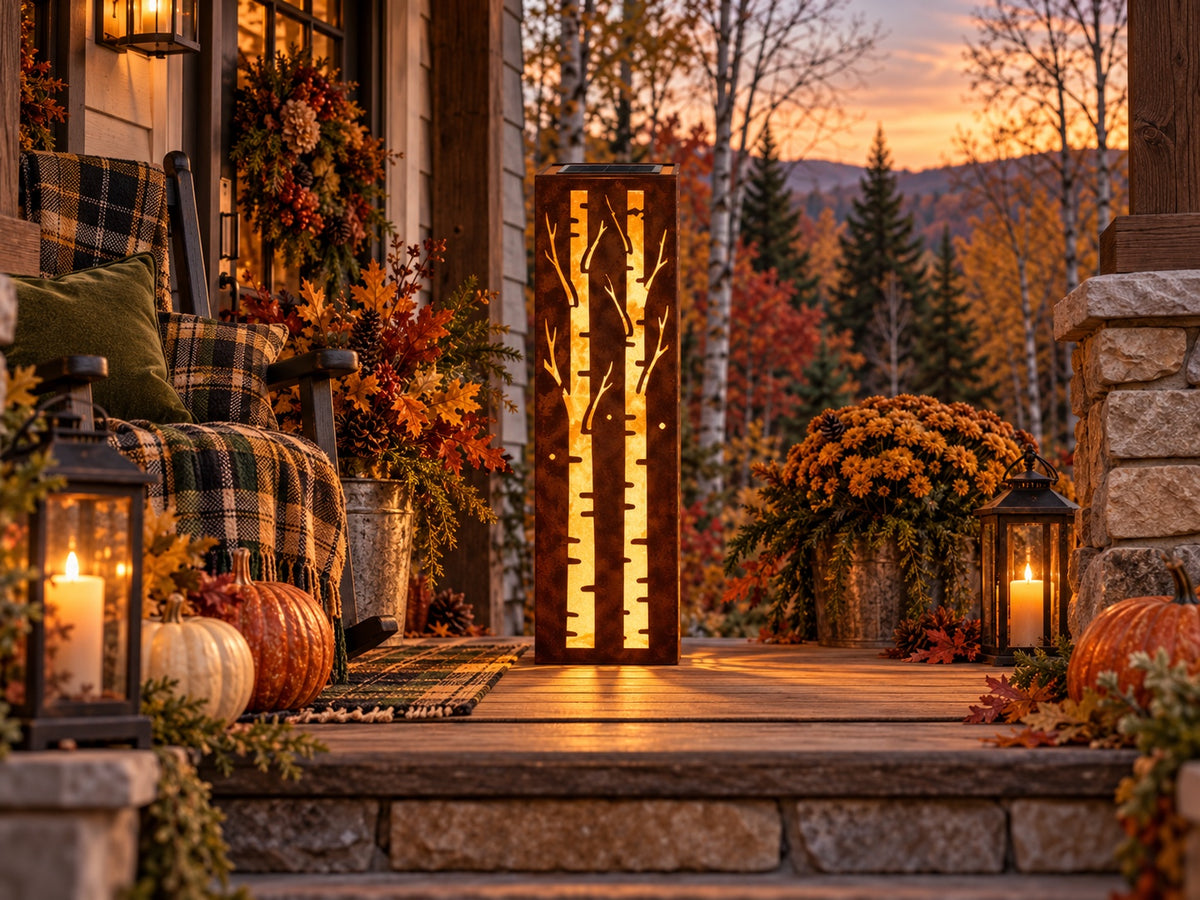 32-inch rusted birch tree solar steel luminary on an autumn woodland porch, view 3
