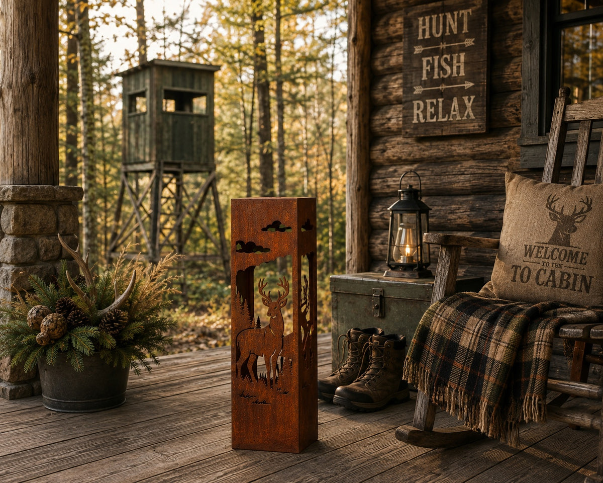 Whitetail Buck 18 inch rustic steel garden column in a hunting cabin setting