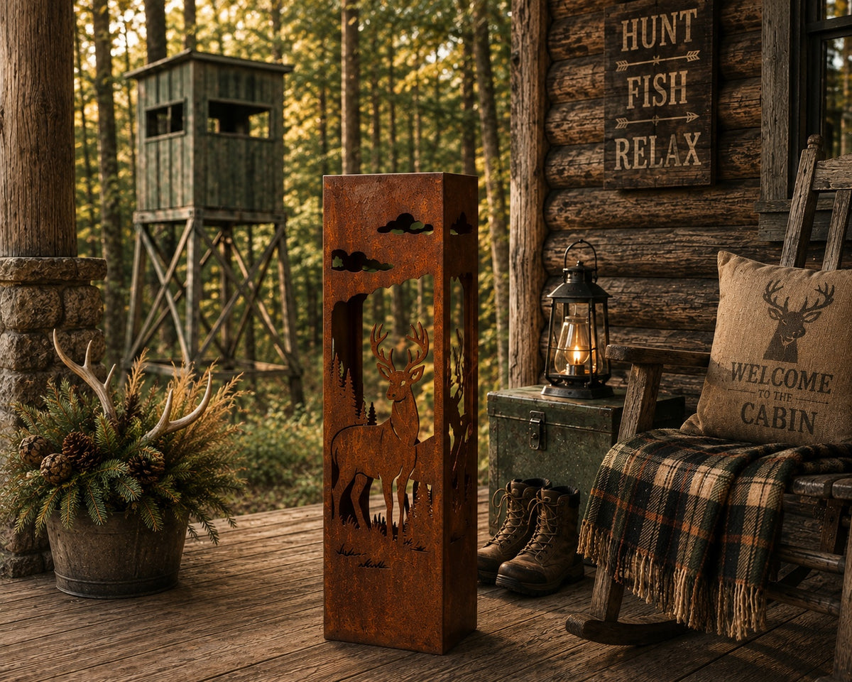 Whitetail Buck 24 inch rustic steel garden column in a hunting cabin setting