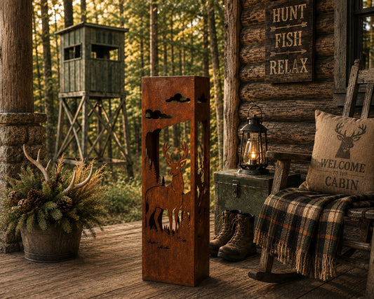 Whitetail Buck 24 inch rustic steel garden column in a hunting cabin setting