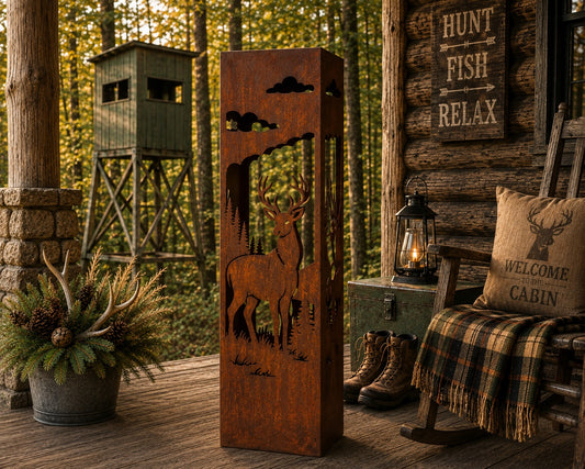 Whitetail Buck 32 inch rustic steel garden column in a hunting cabin setting