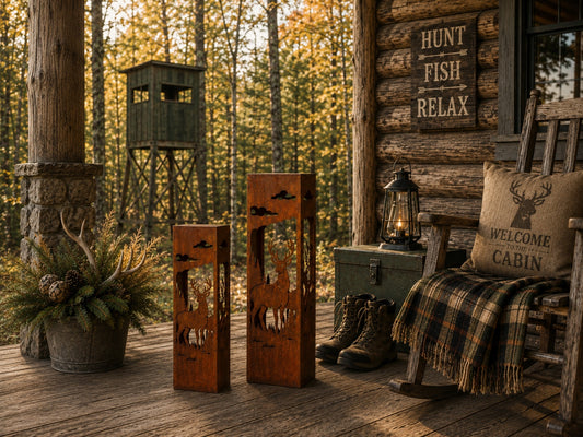 Whitetail Buck 18 & 24 inch rustic steel garden column set in a hunting cabin setting
