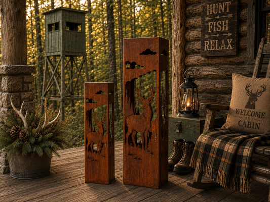 Whitetail Buck 24 & 32 inch rustic steel garden column set in a hunting cabin setting