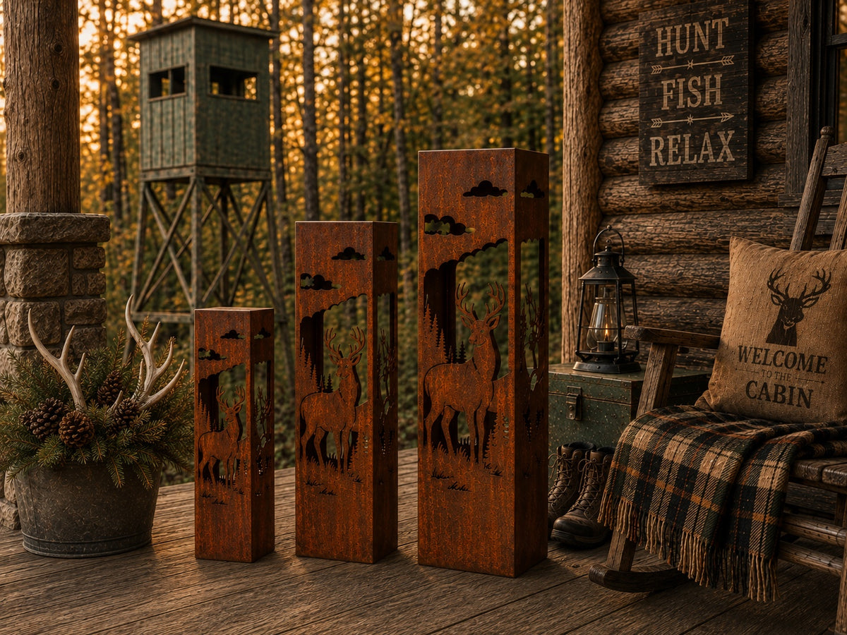 Whitetail Buck 18, 24 & 32 inch rustic steel garden column set in a hunting cabin setting