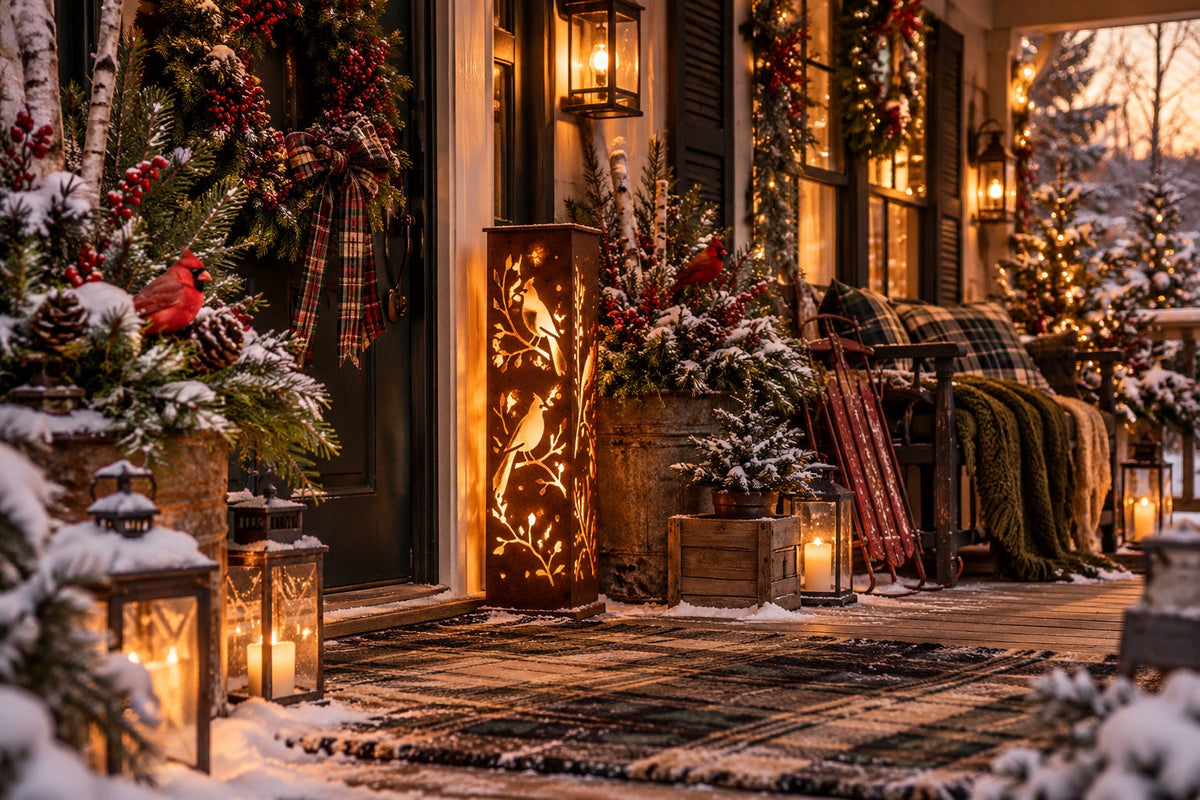 Cardinal solar steel luminary beside a decorated winter doorway, wide porch scene