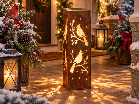 32-inch rusted cardinal solar steel luminary with birds on leafy branches, winter porch close-up
