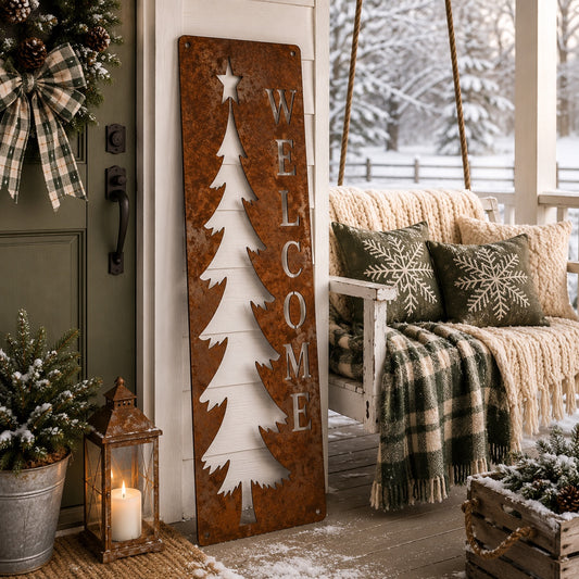 Primitive Christmas Tree Welcome Winter Metal Porch Leaner