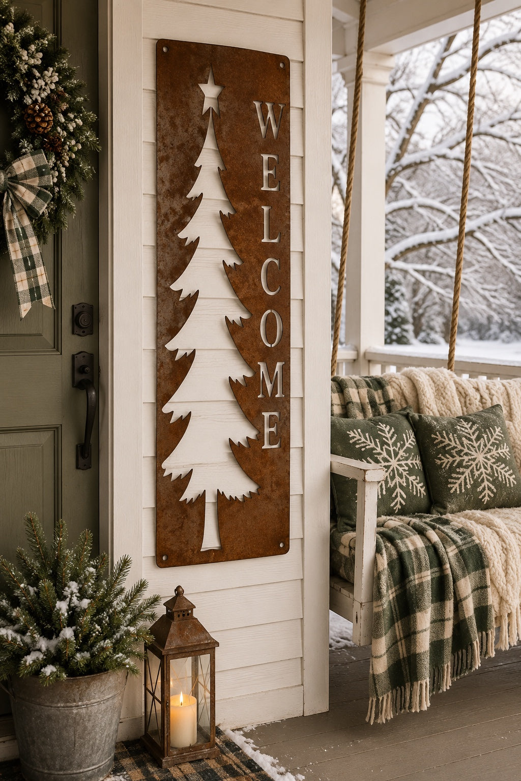 Primitive Christmas Tree Welcome Winter Metal Porch Leaner