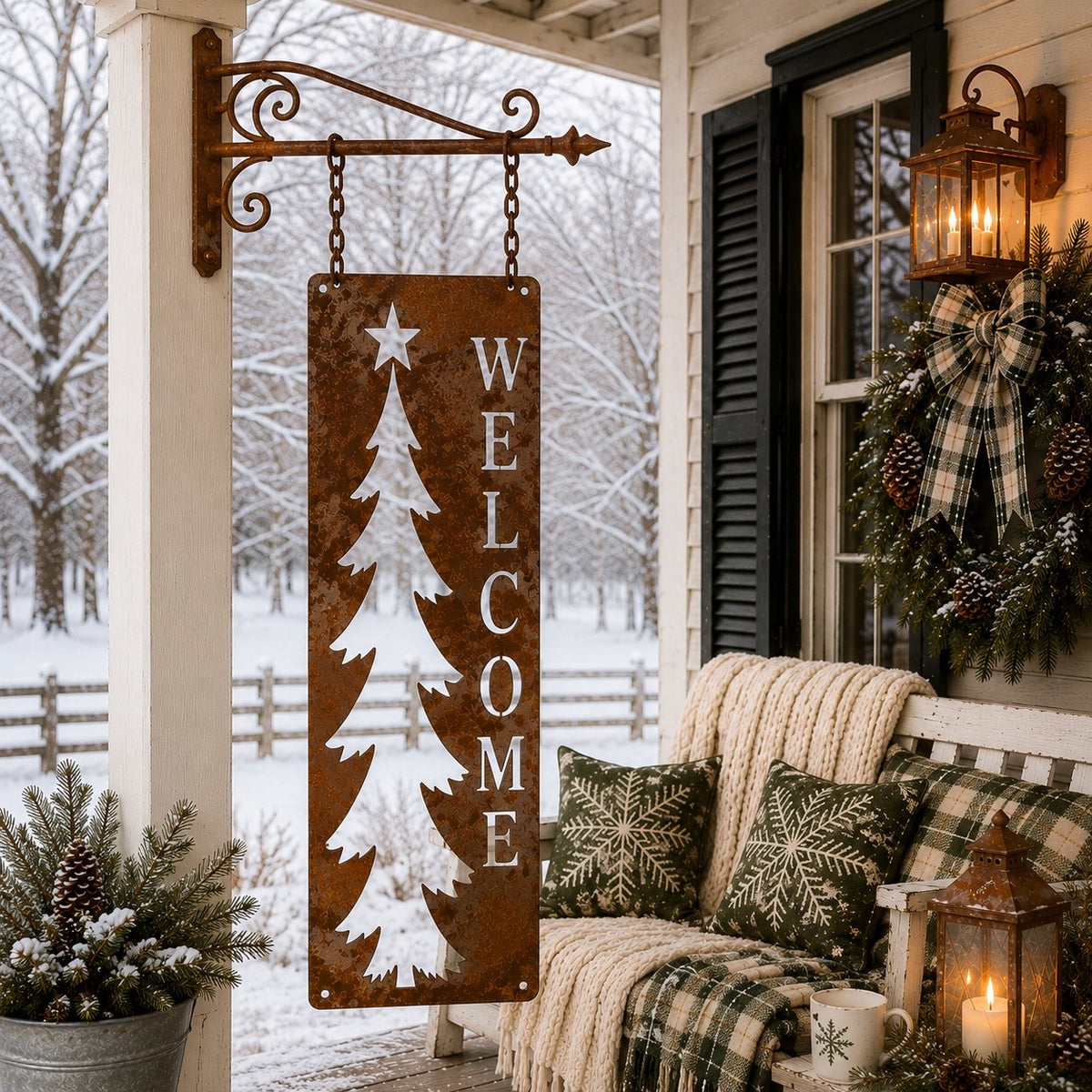 Primitive Christmas Tree Welcome Winter Metal Porch Leaner