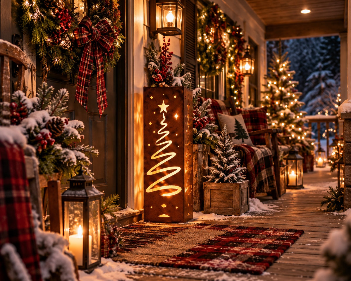 32-inch Christmas Tree rusted solar steel luminary at a decorated winter entry