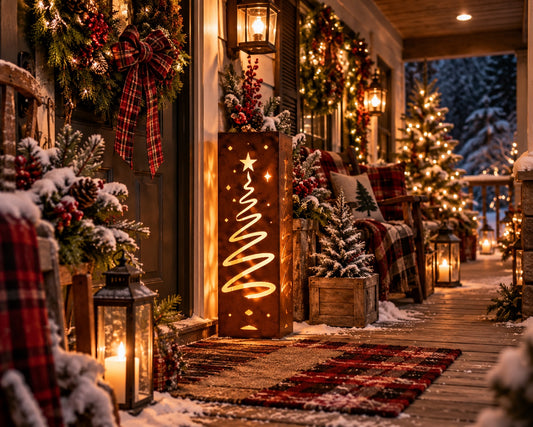 32-inch Christmas Tree rusted solar steel luminary at a decorated winter entry