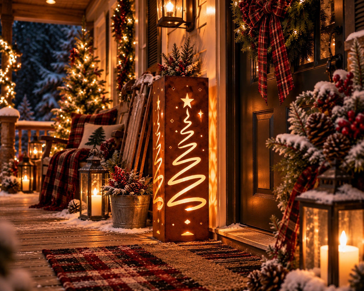 Angled view of Christmas Tree solar luminary with matching star-topped tree panels