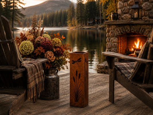 Dragonfly and Cattails 24 inch rustic steel garden column